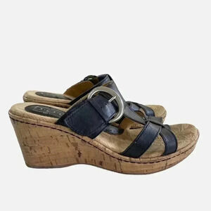 BOC Born Concepts Women’s Black Cork Leather Wedge Buckle Sandals Size 6 / 36.5